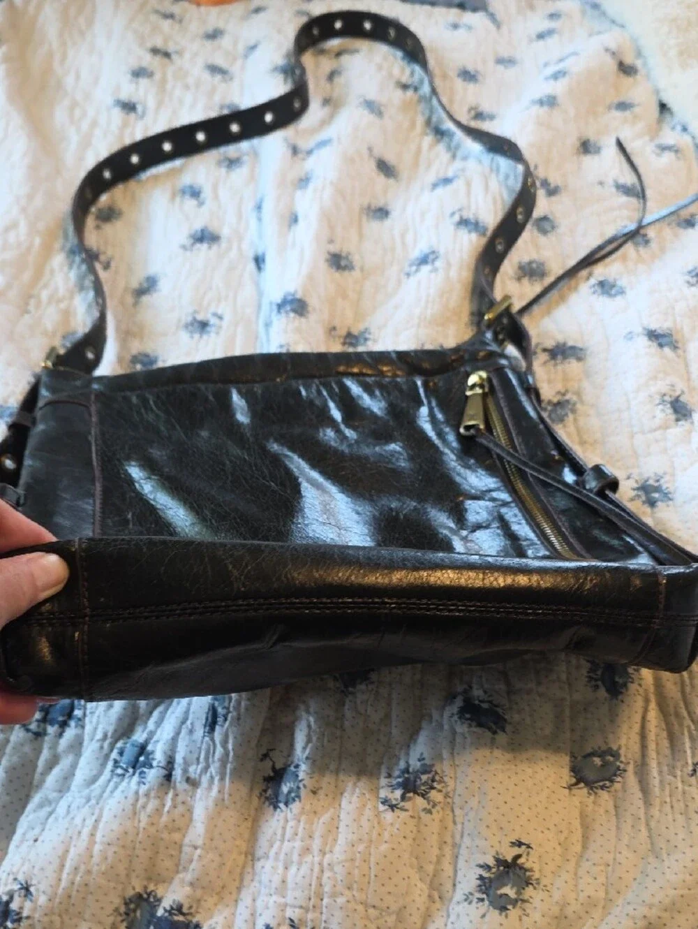 HOBO Black Leather Crossbody with Zip Accent and Decorative Adjustable Strap